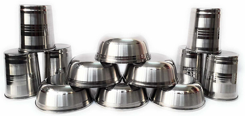 ZIGLY Steel Serving Bowl Stainless Steel Glass Set with Katori(Pack of 12, Silver)