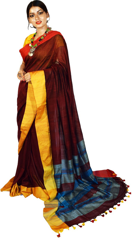tatwamashi Striped Phulia Khadi Cotton Saree(Maroon)