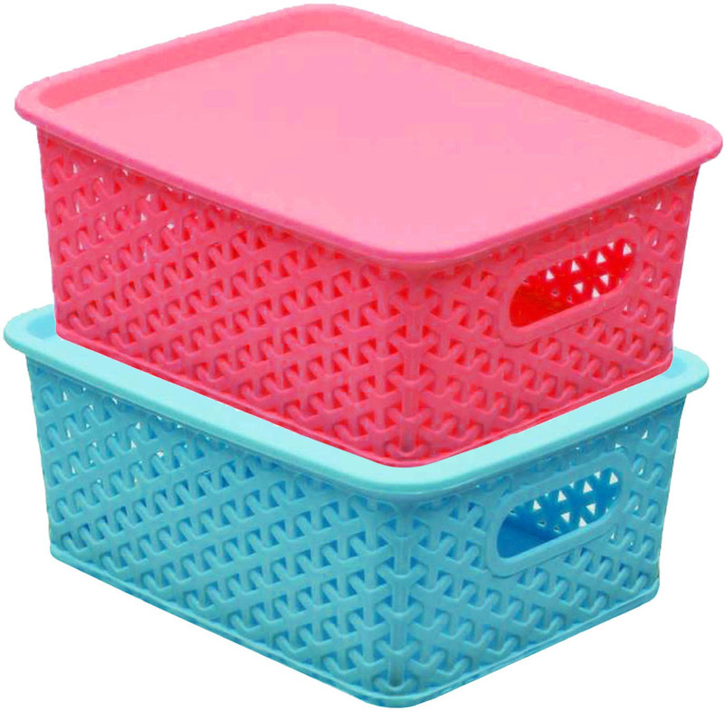 KUBER INDUSTRIES Plastic 3 Pieces Small Size Multipurpose Solitaire with Lid (Multi) Storage Basket(Pack of 3)