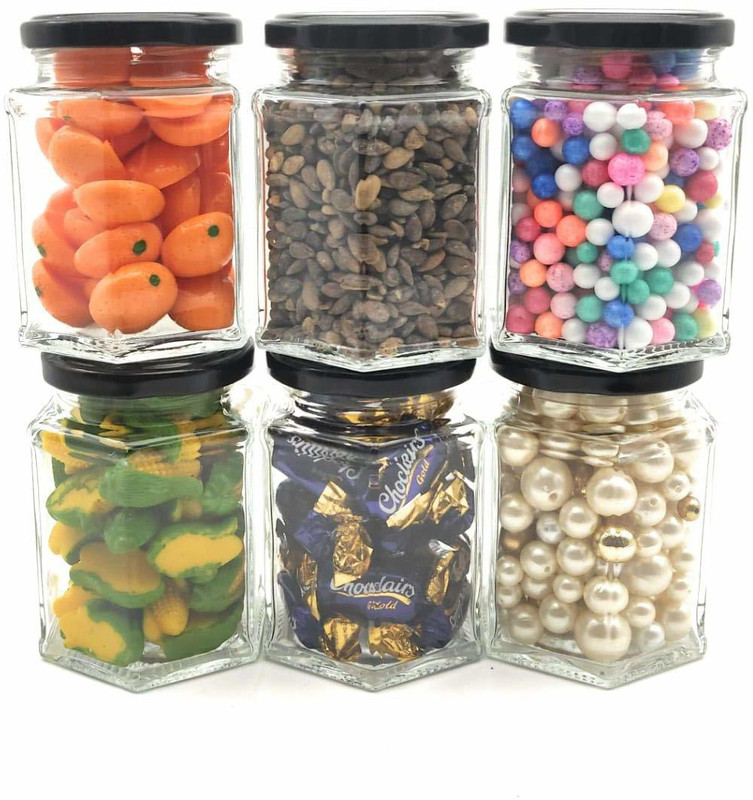 windsales glass jar  - 200 ml Glass Grocery Container, Fridge Container, Oil Container, Tea Coffee & Sugar Container, Spice Container, Pickle Container & Salt Pepper Container(Pack of 6, Clear)