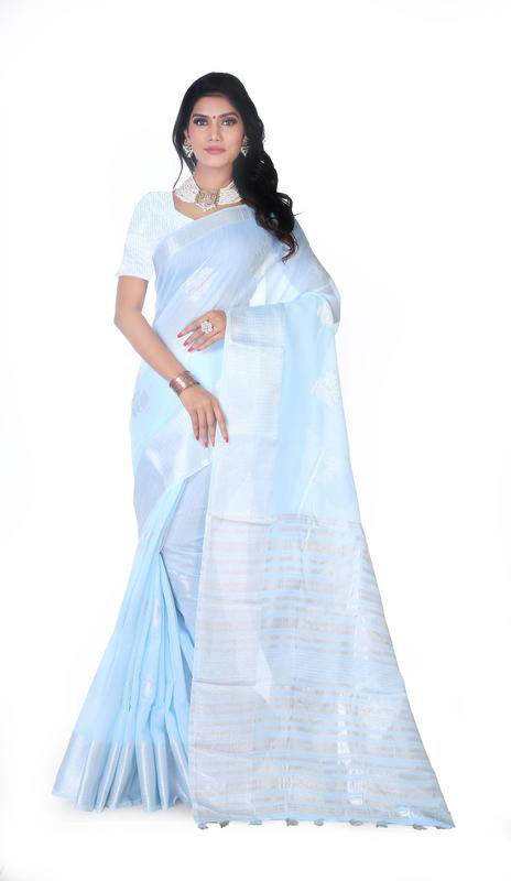 manjula Self Design Kota Doria Linen Blend Saree(Light Blue)