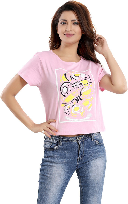 SANSARAS Casual Half Sleeve Printed Women Pink Top
