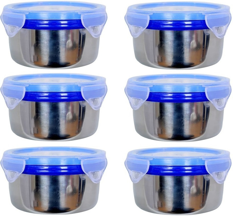 kitchen buggy Stainless Steel Airtight Ring& Leak Proof Containers Set of 6  - 300 ml Steel Grocery Container, Fridge Container(Pack of 6, Silver, Blue)