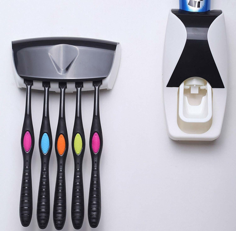 angelcreation Automatic Toothpaste Dispenser Automatic Squeezer and Toothbrush Holder Bathroom Dust-proof Dispenser Kit Toothbrush Holder Sets (Blue) Plastic Toothbrush Holder Plastic Toothbrush Holder(Black, Wall Mount)