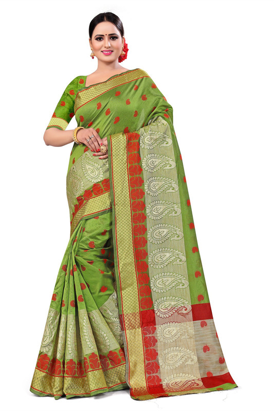 ecolors fab Woven Banarasi Cotton Blend, Poly Silk, Tussar Silk Saree(Multicolor)