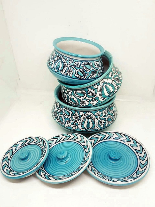 handykraft ceramic casserole handi set of 3 for serving dishes Handi 0.2 L, 0.5 L, 0.3 L with Lid (Stoneware)  - 200 L Ceramic Utility Box(Pack of 3, Green)