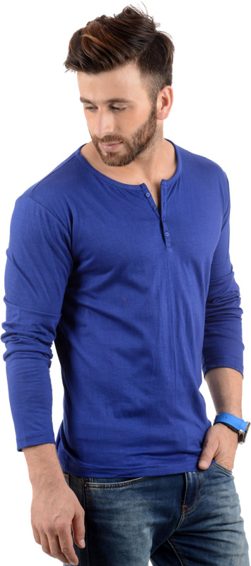 carara Solid Men Henley Neck Blue T-Shirt