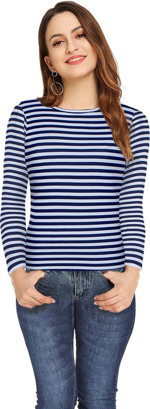 couple world Striped Women Round Neck Blue T-Shirt