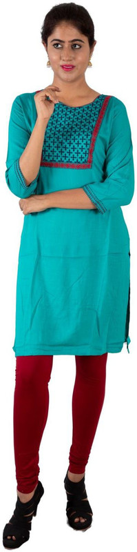 mittoo Women Resham Embroidery, Solid Straight Kurta(Blue)
