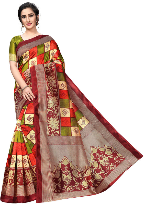 nirdharit lifestyle Printed Fashion Art Silk, Cotton Silk Saree(Red, Multicolor)