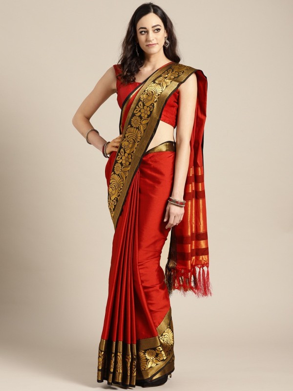 KURTIYAAN Woven Bollywood Cotton Silk Saree(Red)