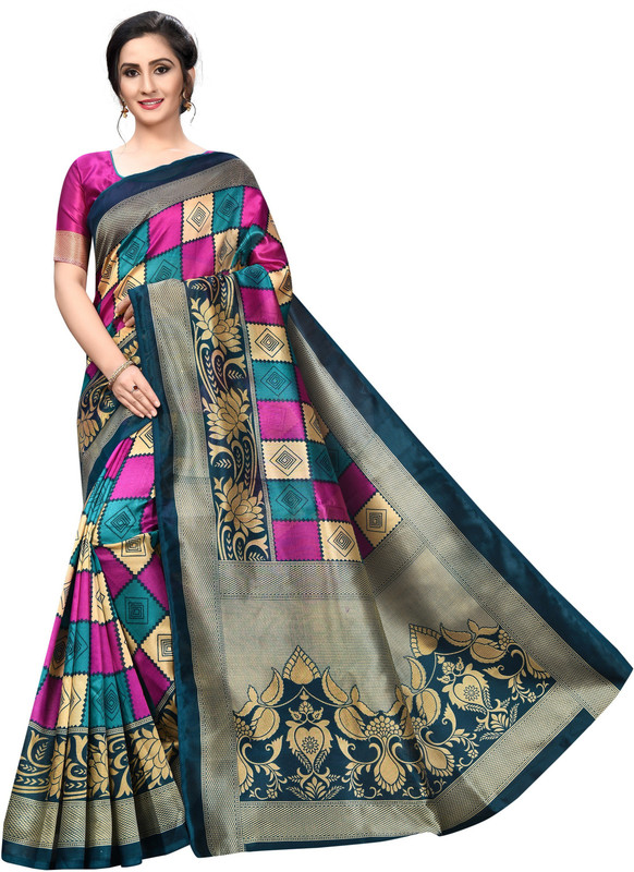 nirdharit lifestyle Printed Fashion Art Silk, Cotton Silk Saree(Green, Pink)