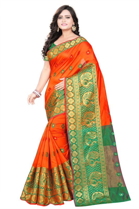 ethnic vila Embellished, Floral Print Bhagalpuri Cotton Blend, Jacquard, Pure Silk Saree(Green, Orange)