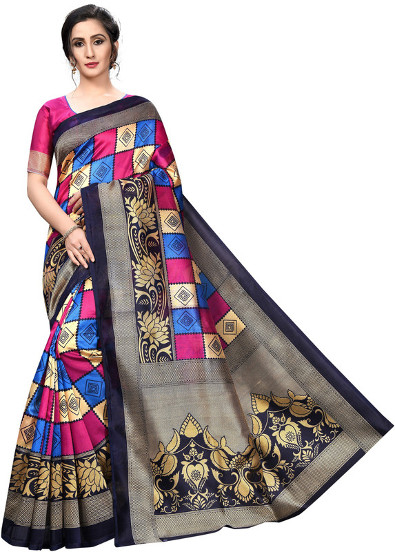 nirdharit lifestyle Printed Fashion Art Silk, Cotton Silk Saree(Pink, Blue)