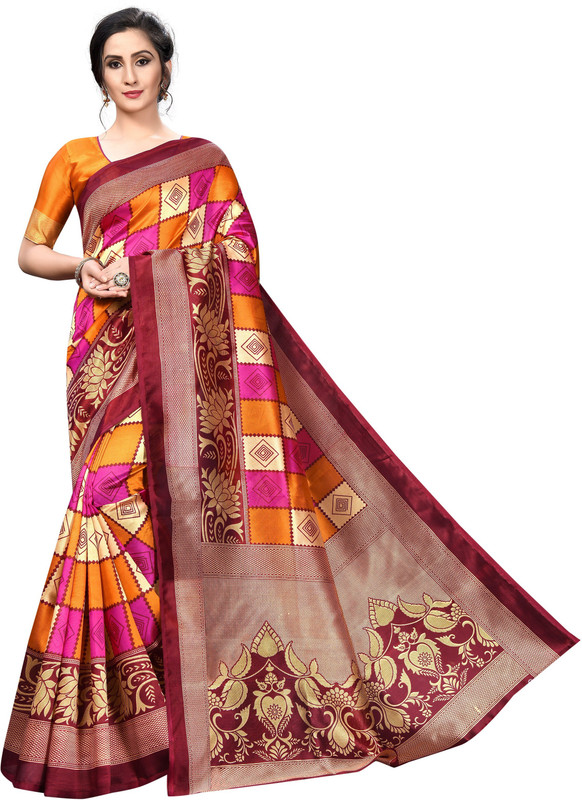 nirdharit lifestyle Printed Fashion Art Silk, Cotton Silk Saree(Pink, Mustard)