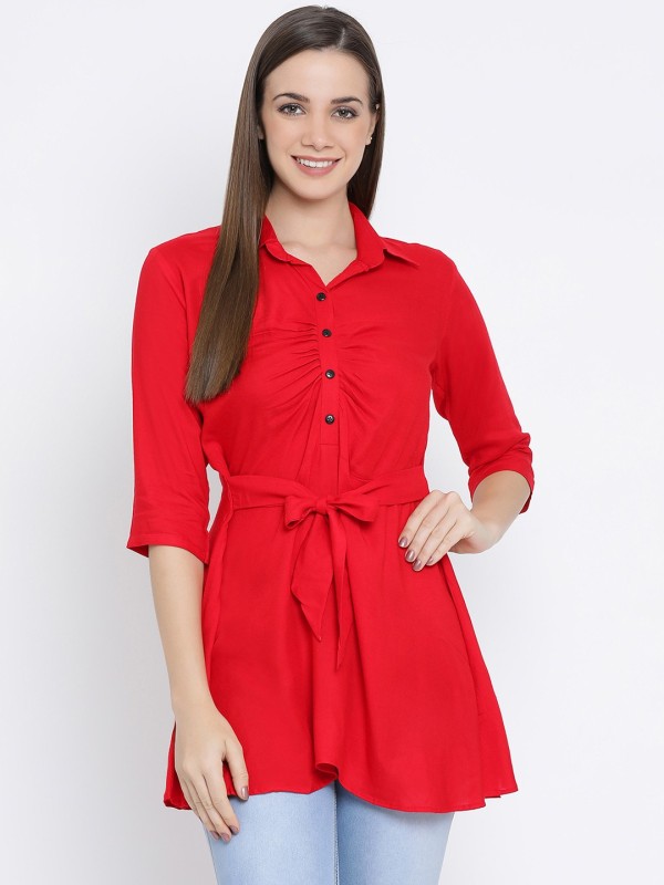 Grozis Casual 3/4 Sleeve Solid Women Red Top