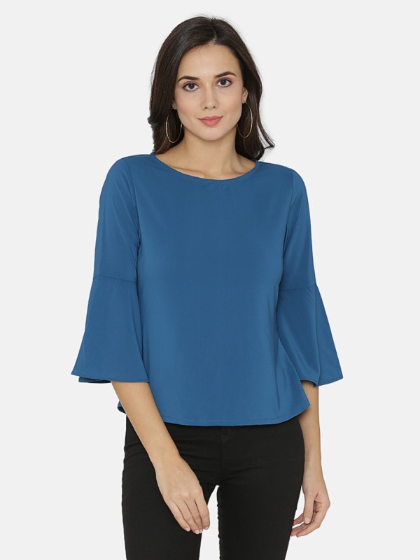 ALOM Casual Bell Sleeve Solid Women Blue Top