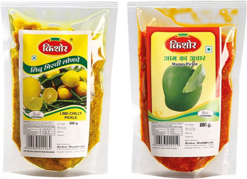 kishor masalewale Combo Pack of Lime Chilly & Mango Pickle Lime, Green Chilli, Mango Pickle(400 g, Pack of2)