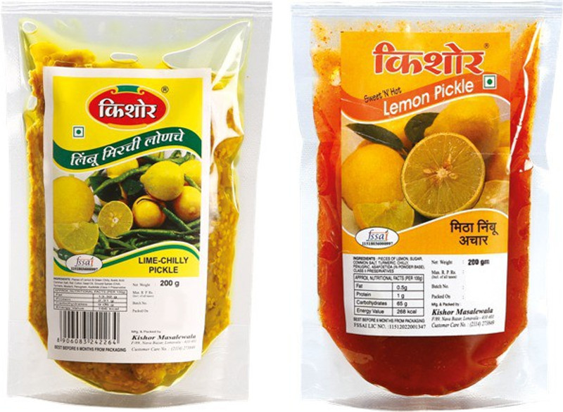 kishor masalewale Combo Pack Lime, Green Chilli Pickle(400 g, Pack of2)