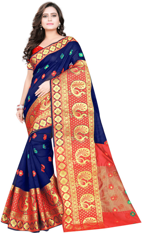 ethnic vila Self Design, Embroidered, Embellished, Woven Banarasi Cotton Blend, Jacquard Saree(Blue)