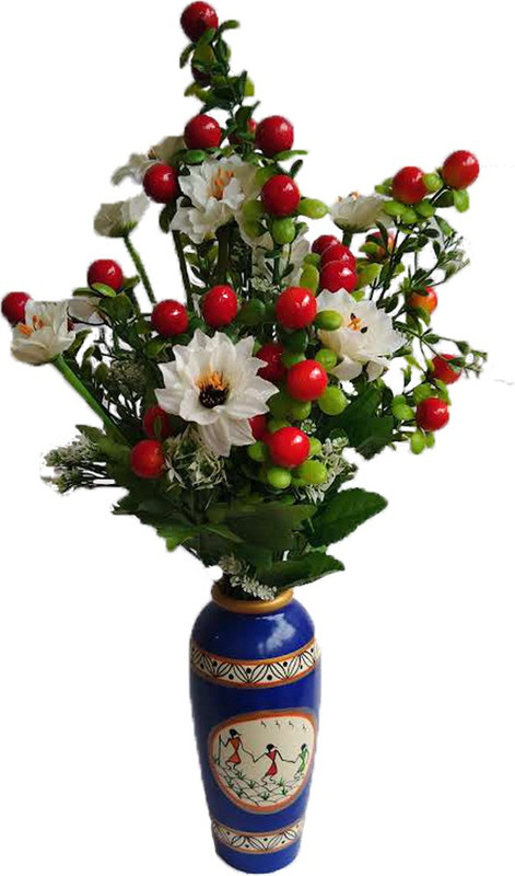 tovick Authentic table Decor Warli painted flower Vase/ Flower holder/ table top Vase and two bunches of Red cherries and White wild flower Bunches Artificial Flowers suitable to decor Table / Shelves/ Great Gifting-Pack of 1 Wooden Vase(8 cm, Red, White, Blue)