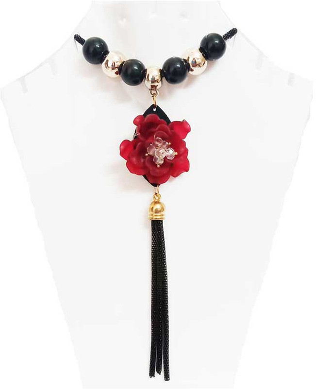 shoppersmall Red Rose Pendent with Black Beats for Girls with Golden Long Chain Pendant Party Necklace for Women & Girls Alloy Locket Set