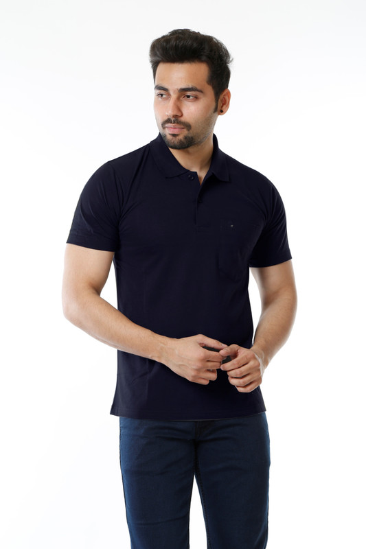 moudlin Solid Men Polo Neck Dark Blue T-Shirt