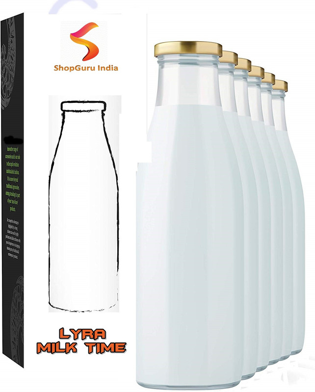 shopguru india Lyra Glass Milk, Water and Juice Bottle with Air Tight Cap, 1 Litre, Set of 6 , 1000 ml Bottle(Pack of 6, Clear)