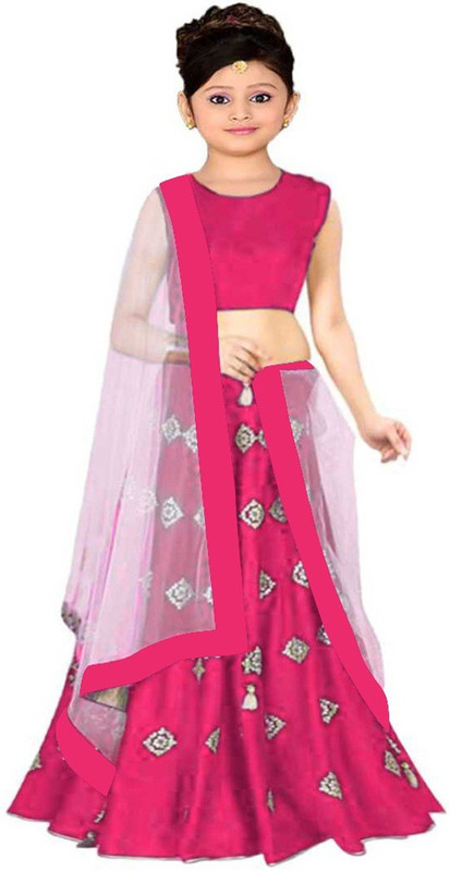 bless you enterprise Girls Lehenga Choli Fusion Wear, Western Wear, Ethnic Wear, Party Wear Embroidered Ghagra, Choli, Dupatta Set(Pink, Pack of 10)