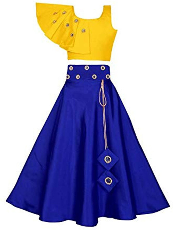 bless you enterprise Girls Lehenga Choli Ethnic Wear, Party Wear, Fusion Wear Solid Lehenga & Crop Top(Yellow, Pack of 3)