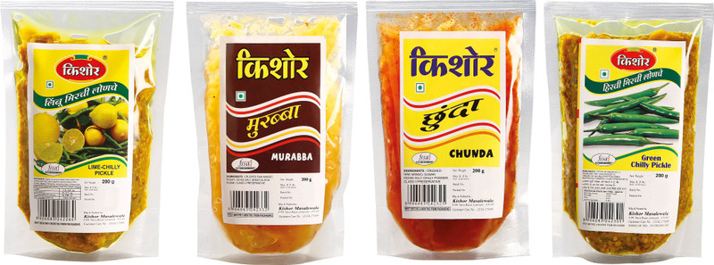 kishor masalewale Lime Chilly,Murabba,Green Chilly Pickle & Chunda Lime, Green Chilli, Raw Mango(Kairi) Pickle(800 g, Pack of4)