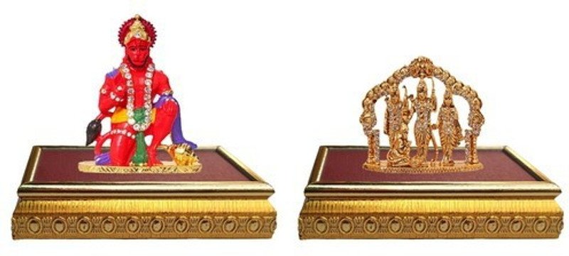 9facts Set of 2 with wooden base Lord Hanuman Mandir Home Decor God Statue & Ram Darbar / Lord Rama ,Sita, Laxman and Hanuman Idol God Statue Decorative Showpiece Decorative Showpiece  -  10 cm(Brass, Multicolor)