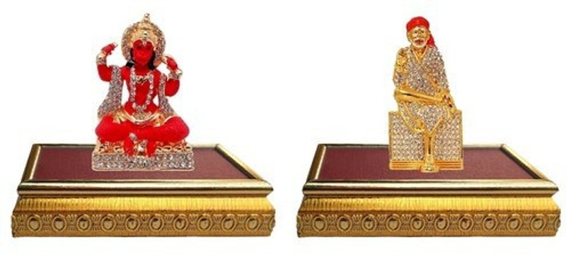 9facts Set of 2 with wooden base Lord Hanuman Mandir Home Decor God Statue & Lord Sai Baba / Shirdi Shri Sai Nath Idol - Handicraft Decorative Home & Temple Décor God Figurine Decorative Showpiece  -  10 cm(Brass, Multicolor)