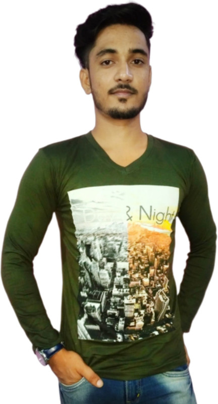 mustache Printed Men V Neck Dark Green T-Shirt