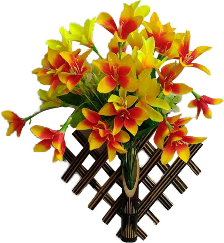 tovick Authentic Wall Decor flower Vase/ Flower holder and two bunches of Artificial flower Bunches to decor walls at home, office, Hotels and great Gifting-Pack of 1 Bamboo Vase(8 cm, Red, Yellow)