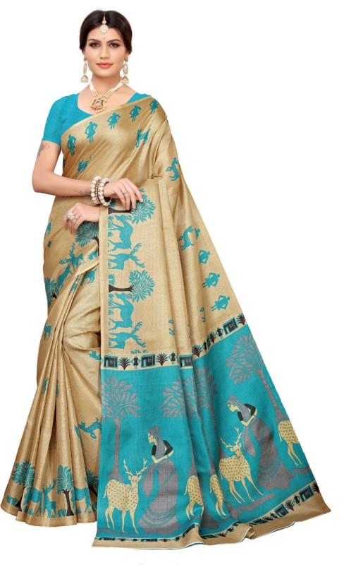 Saara Printed, Animal Print Mysore Khadi Silk, Art Silk Saree(Multicolor, Light Blue,...