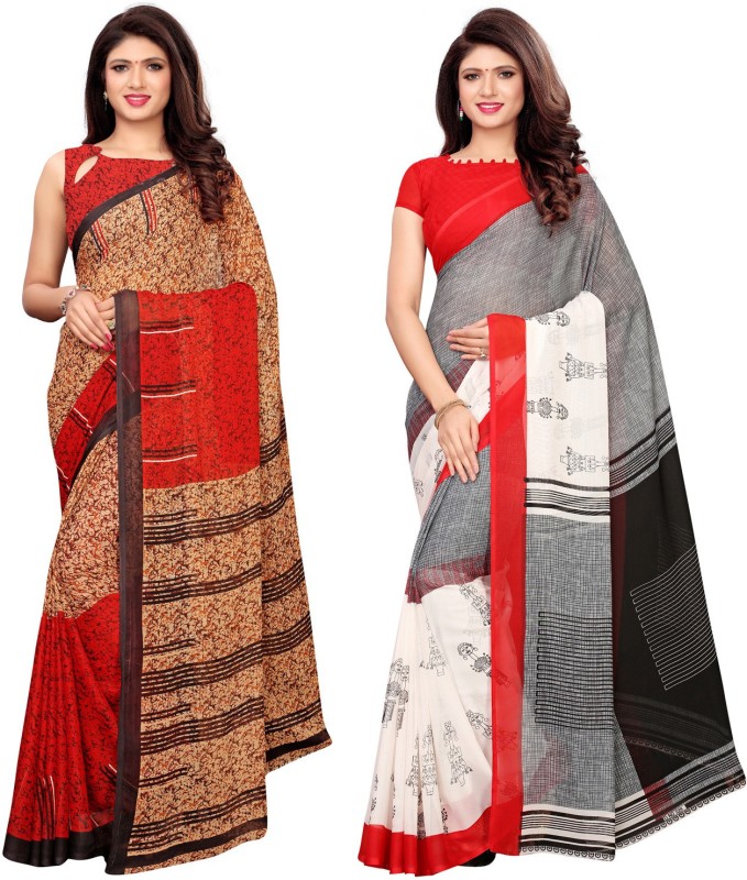 Saara Printed, Striped, Geometric Print Bollywood Georgette Saree(Pack of 2, Red, White,...
