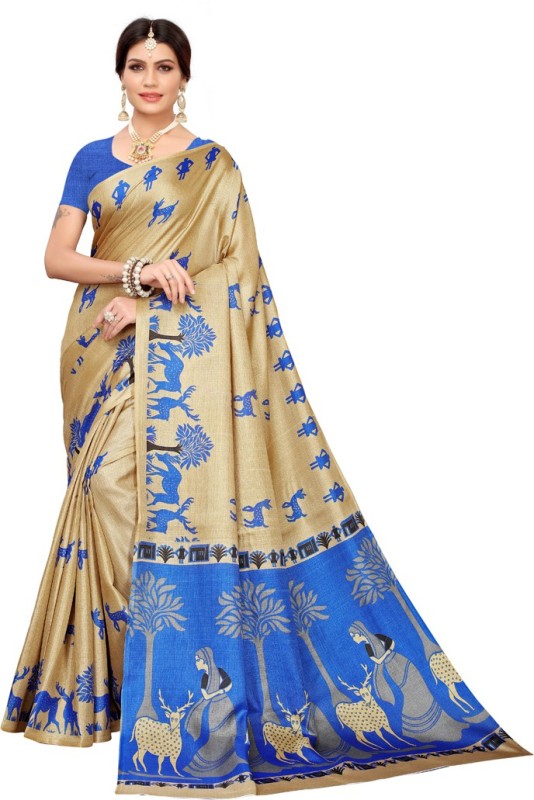 Saara Printed, Animal Print Mysore Khadi Silk, Art Silk Saree(Multicolor, Blue, Beige)