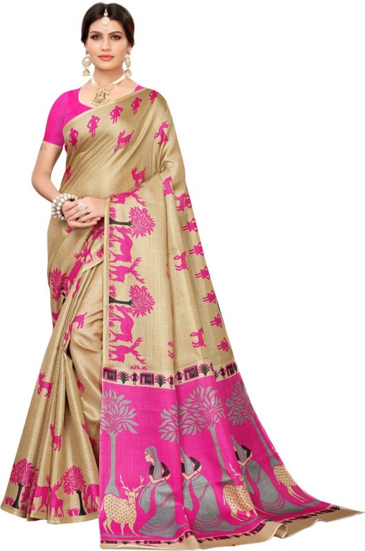 Saara Printed, Animal Print Mysore Khadi Silk, Art Silk Saree(Multicolor, Pink, Beige)