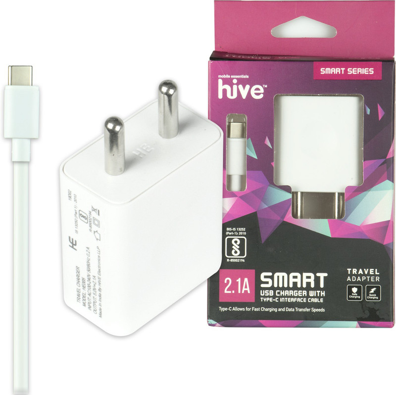 hive HE011 2.1A USB Wall Charger with Type C Data Cable BIS Certified 2.1 A Multiport Mobile Charger with Detachable Cable(White, Cable Included)