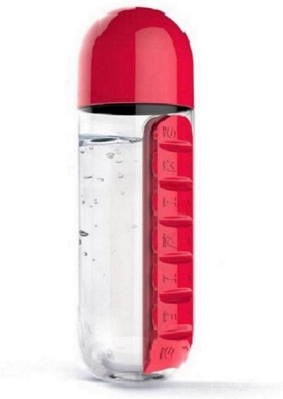akr Daily 600ml Pill Box Water Bottle Weekly Seven Compartments 600 ml Bottle(Pack of 1, Red)
