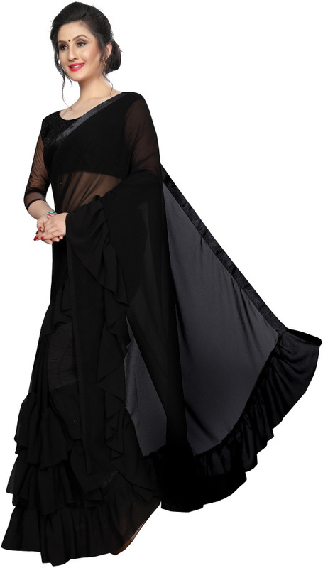 derisory Plain Fashion Georgette Saree(Black)