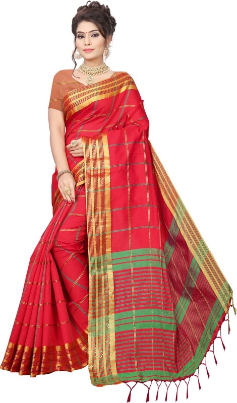 Saara Striped, Woven, Embellished Kanjivaram Poly Silk, Cotton Silk Saree(Red, Green)