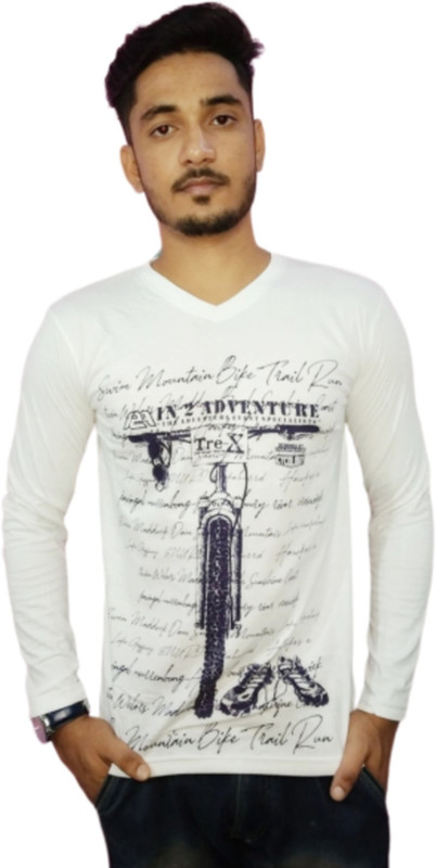 mustache Printed Men V Neck White T-Shirt