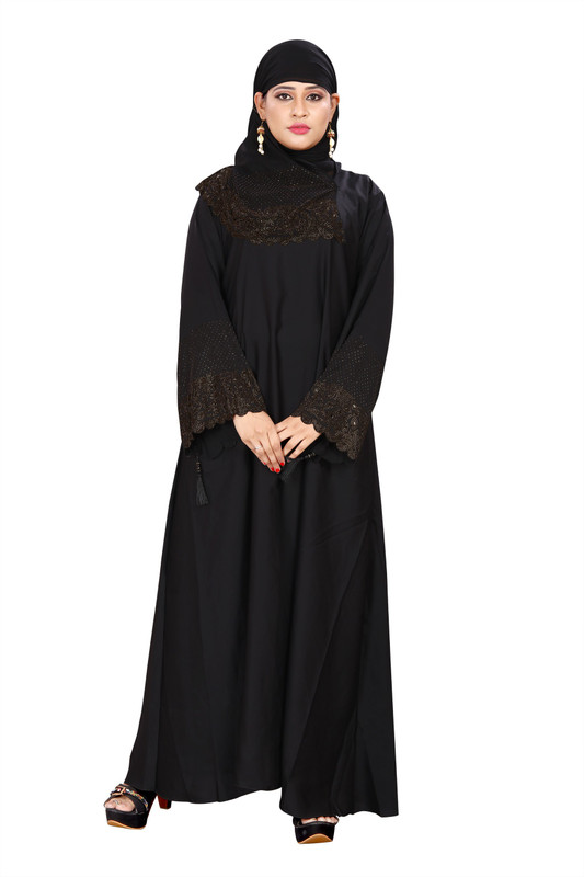 zeenat fab ZB013 BLACK Satin Blend Self Design Burqa With Hijab(Black)