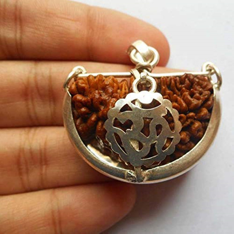 shahinpearlmart OM Ek Mukhi Rudraksha Big Size Bead Pure Sterling Silver Pendant One face Cap Natural Brown with 1 Lab Certificate for Men and Women Silver Wood, Metal Pendant