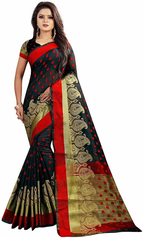 dealbazaars corporation Woven Banarasi Pure Cotton Saree(Black, Red)