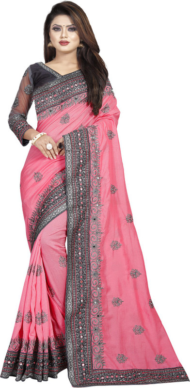 nine sister Embroidered Bollywood Poly Silk Saree(Pink)