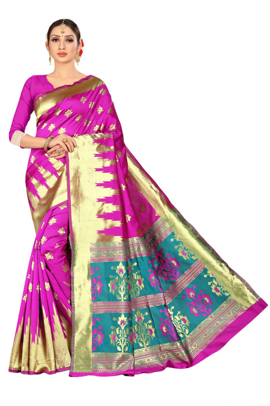 vency creation Floral Print Banarasi Silk Blend Saree(Pink)