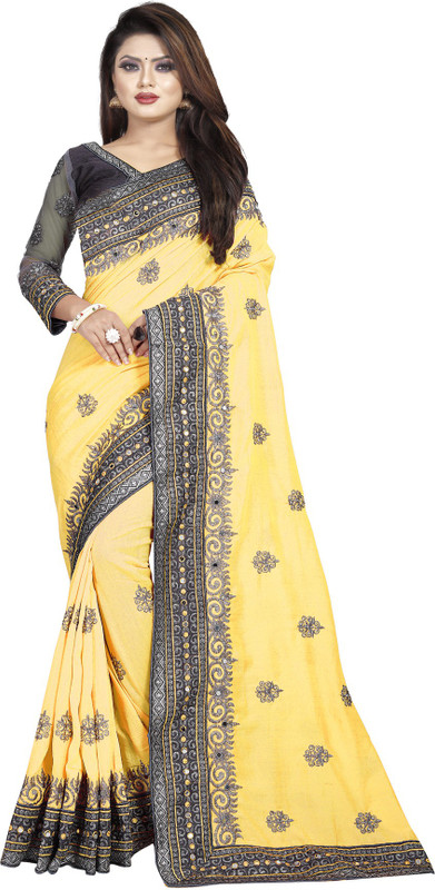 nine sister Embroidered Bollywood Poly Silk Saree(Yellow)